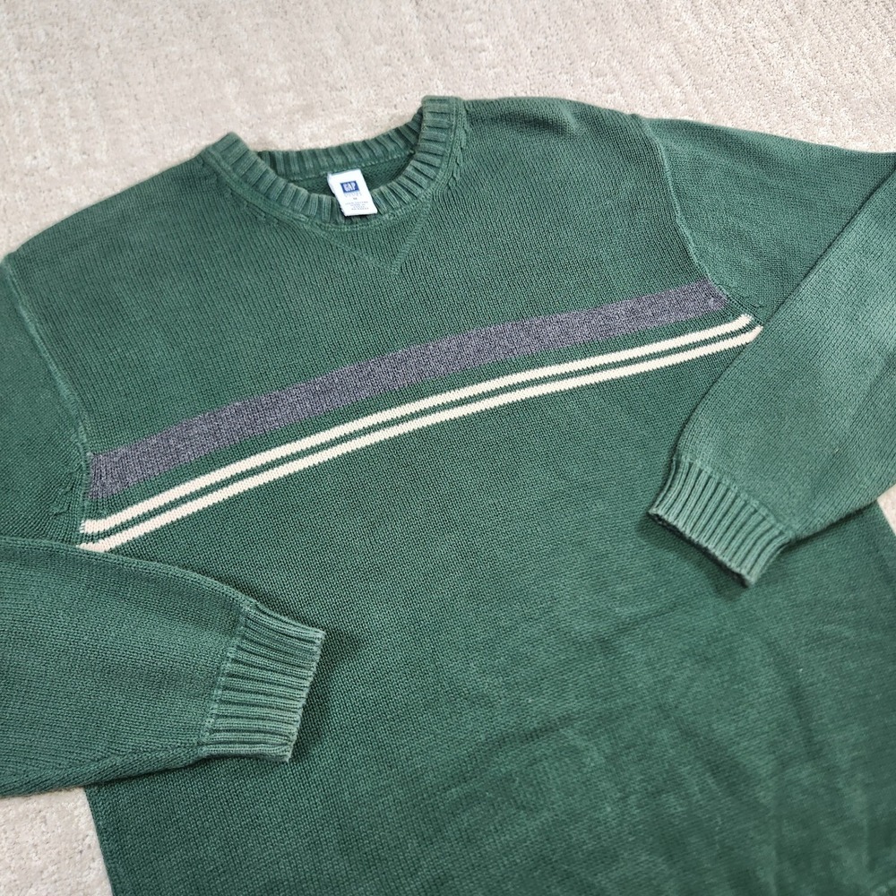 Vintage Gap Sweater Men Medium Green Chunky Knit Cotton Striped Crewneck